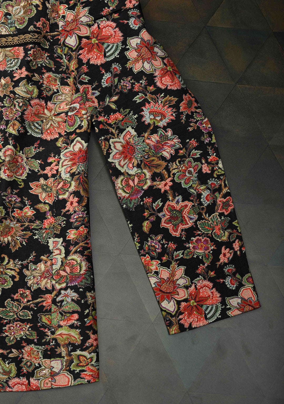 Black Floral Digital Print on Bandhgala Silk Full Jacket for Men with Zardozi and Sequins Embroidery  | Made To Order