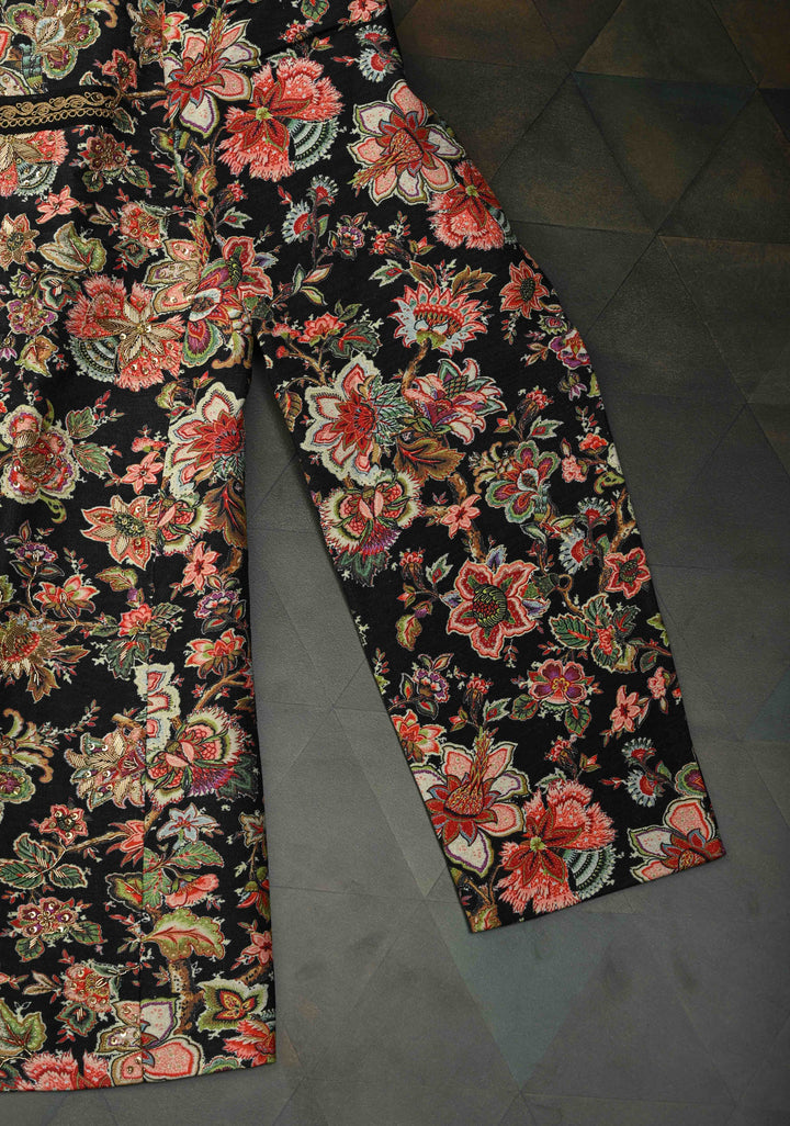Black Floral Digital Print on Bandhgala Silk Full Jacket for Men with Zardozi and Sequins Embroidery  | Made To Order