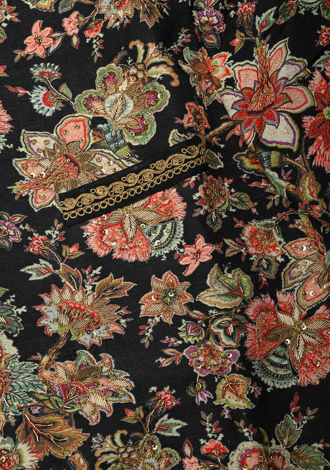 Black Floral Digital Print on Bandhgala Silk Full Jacket for Men with Zardozi and Sequins Embroidery  | Made To Order