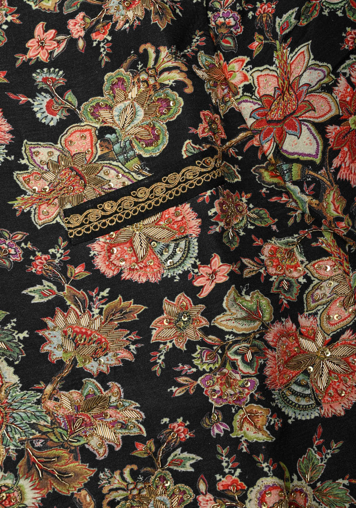 Black Floral Digital Print on Bandhgala Silk Full Jacket for Men with Zardozi and Sequins Embroidery  | Made To Order