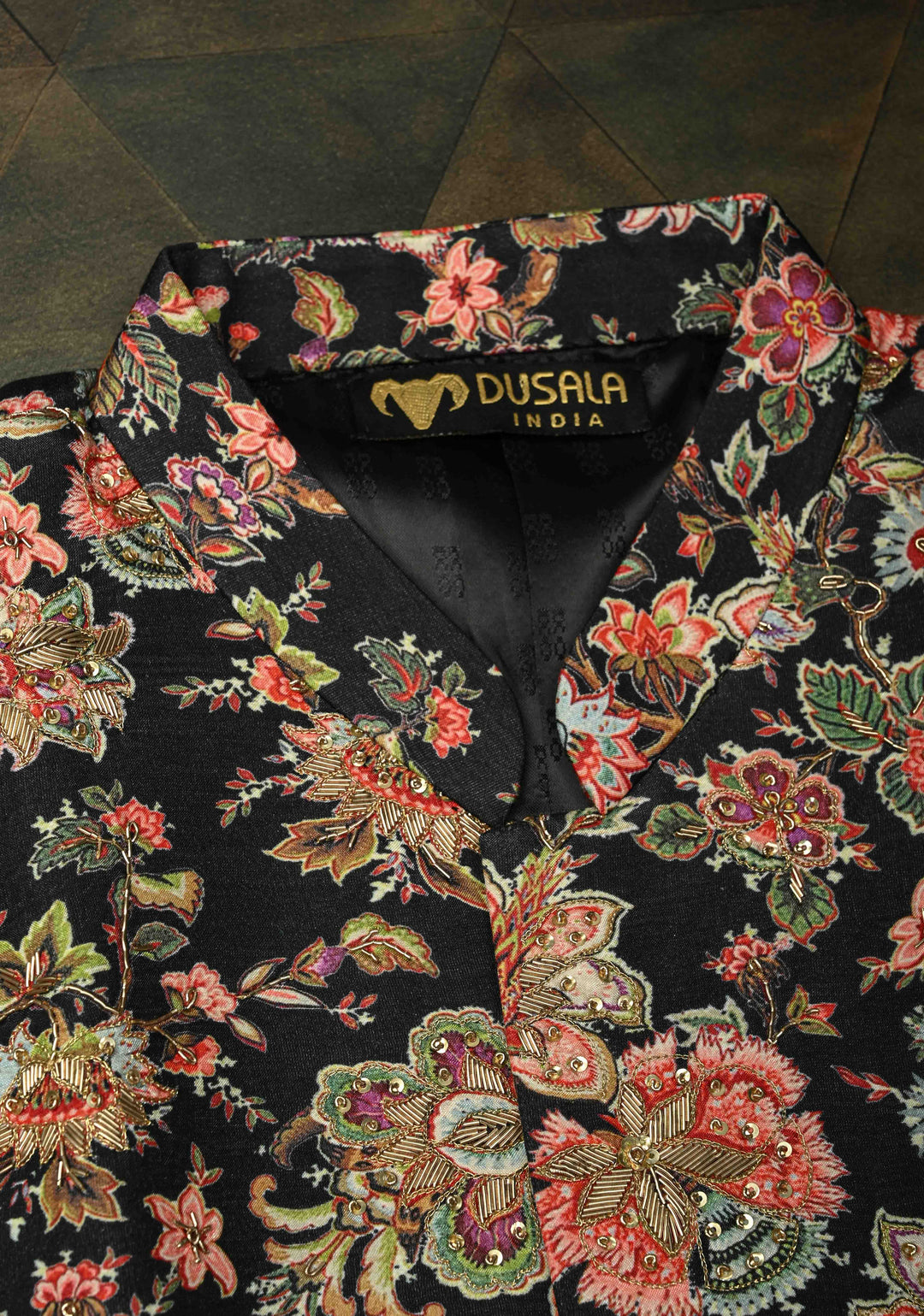 Black Floral Digital Print on Bandhgala Silk Full Jacket for Men with Zardozi and Sequins Embroidery  | Made To Order