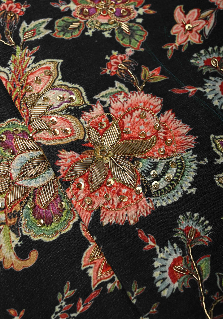 Black Floral Digital Print on Bandhgala Silk Full Jacket for Men with Zardozi and Sequins Embroidery  | Made To Order
