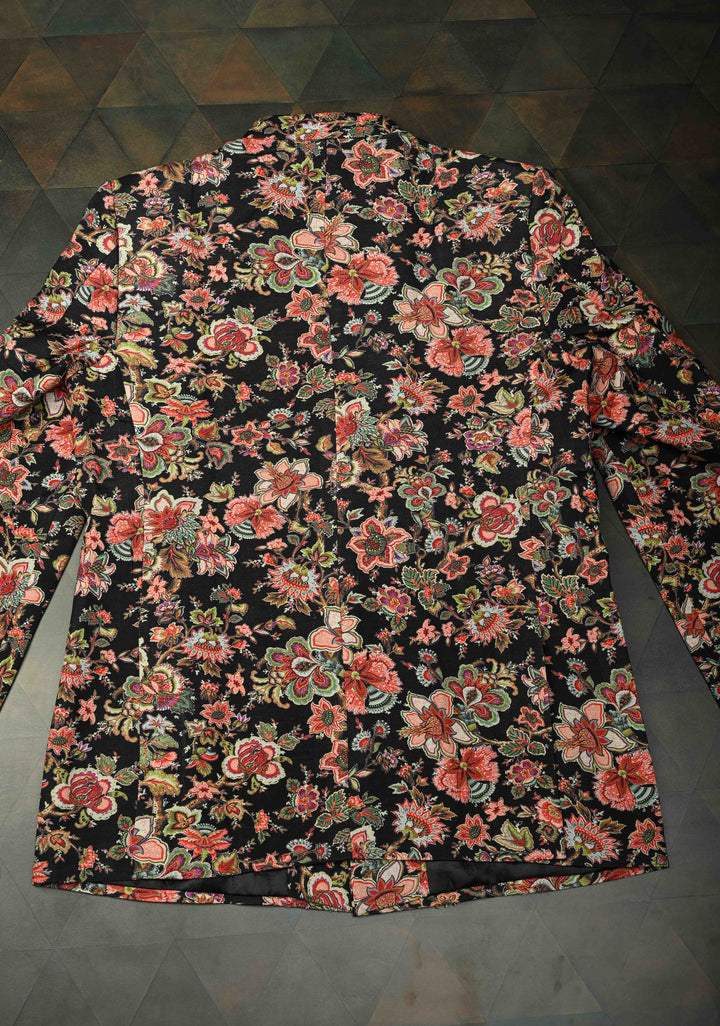 Black Floral Digital Print on Bandhgala Silk Full Jacket for Men with Zardozi and Sequins Embroidery  | Made To Order