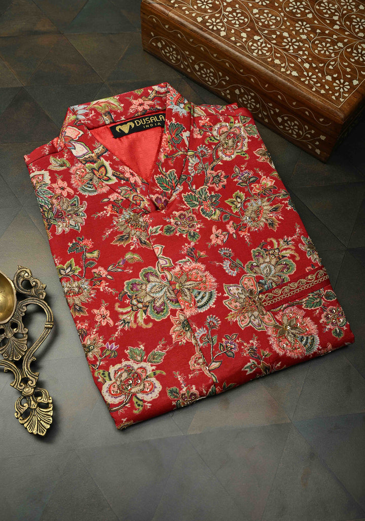 Red Floral Digital Print on Bandhgala Silk Full Waistcoat for Men with Zardozi and Sequins Embroidery  | Made To Order