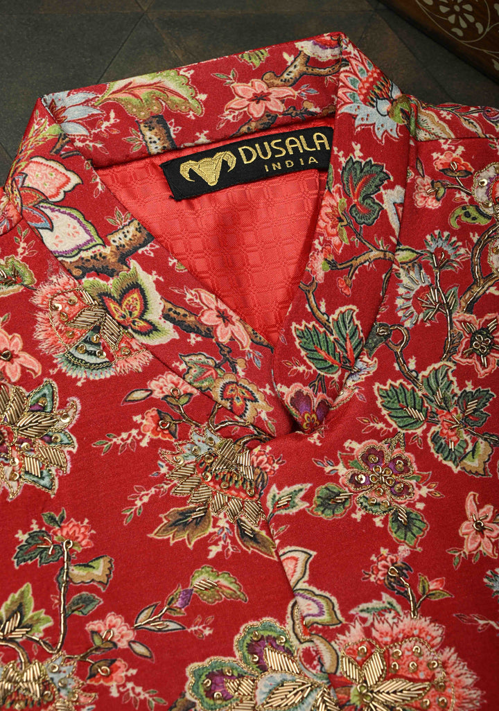 Red Floral Digital Print on Bandhgala Silk Full Waistcoat for Men with Zardozi and Sequins Embroidery  | Made To Order