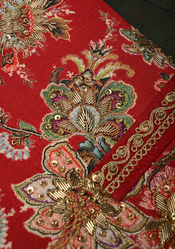 Red Floral Digital Print on Bandhgala Silk Full Waistcoat for Men with Zardozi and Sequins Embroidery  | Made To Order