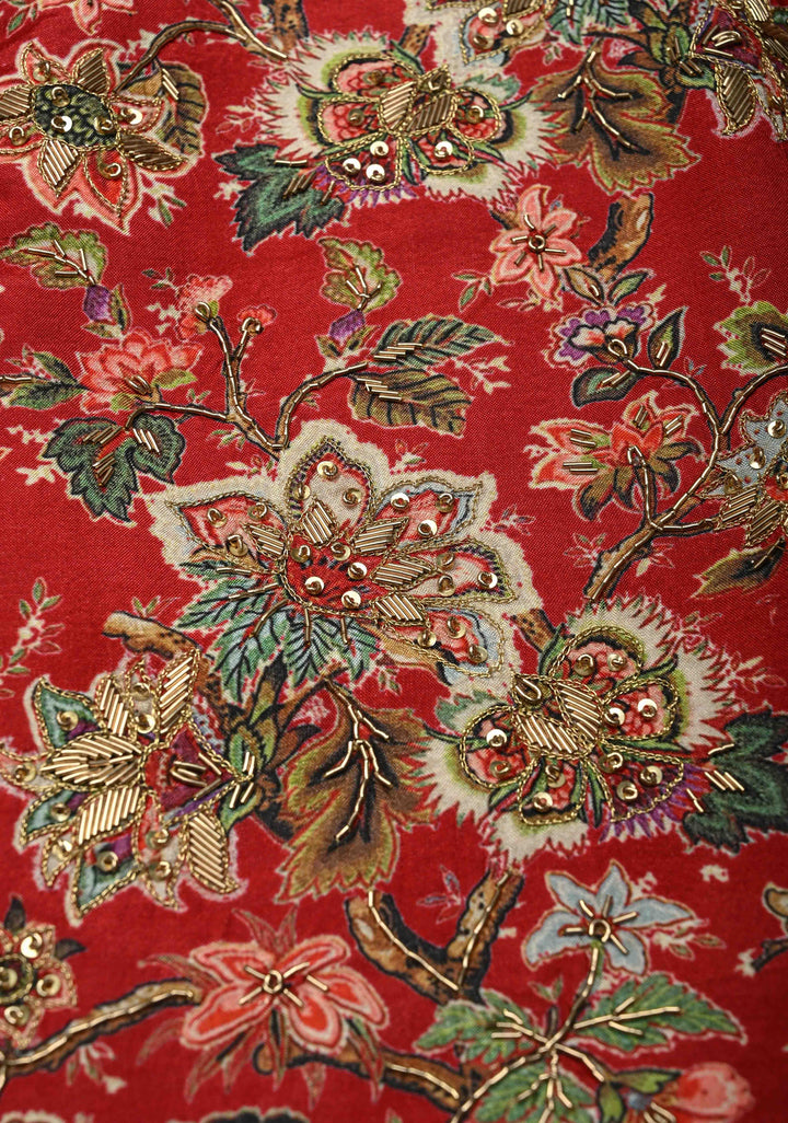 Red Floral Digital Print on Bandhgala Silk Full Waistcoat for Men with Zardozi and Sequins Embroidery  | Made To Order