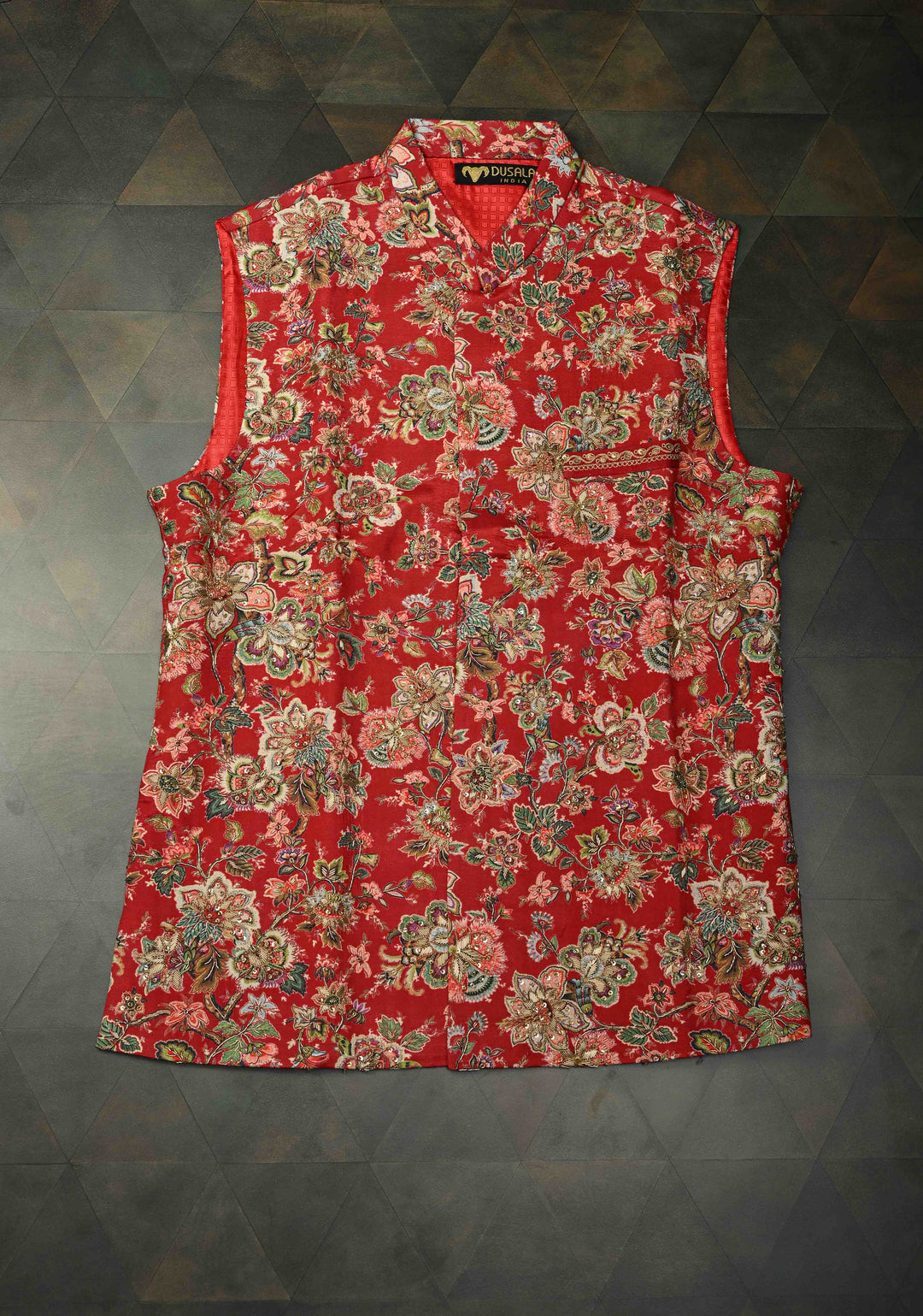 Red Floral Digital Print on Bandhgala Silk Full Waistcoat for Men with Zardozi and Sequins Embroidery  | Made To Order