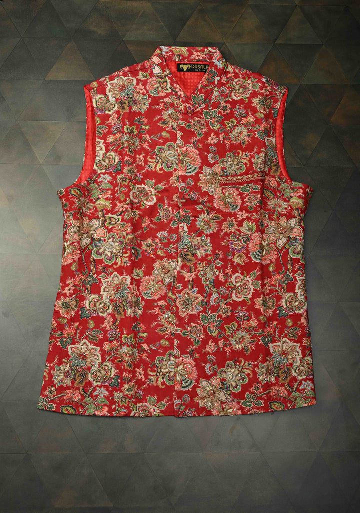 Red Floral Digital Print on Bandhgala Silk Full Waistcoat for Men with Zardozi and Sequins Embroidery  | Made To Order
