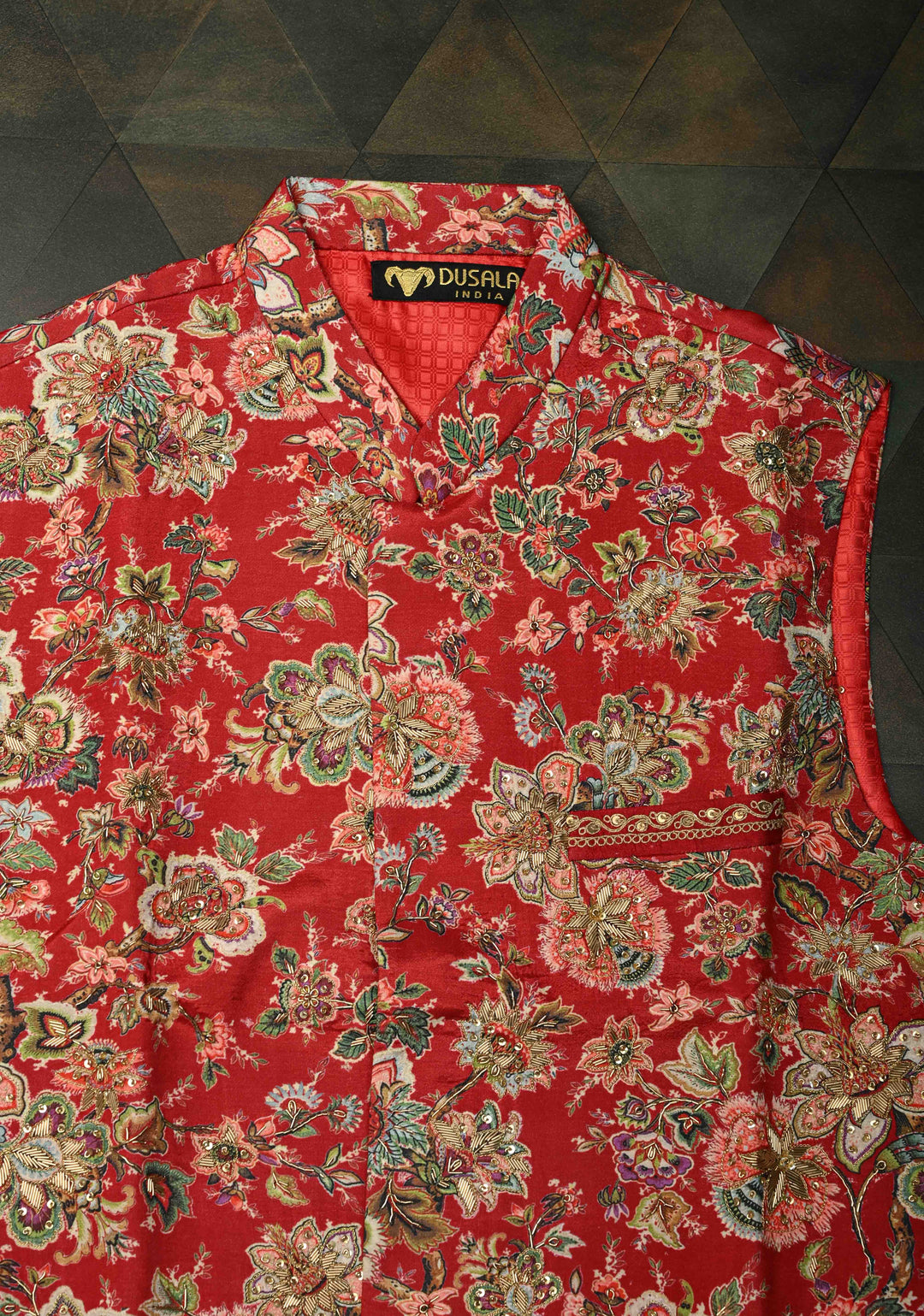 Red Floral Digital Print on Bandhgala Silk Full Waistcoat for Men with Zardozi and Sequins Embroidery  | Made To Order