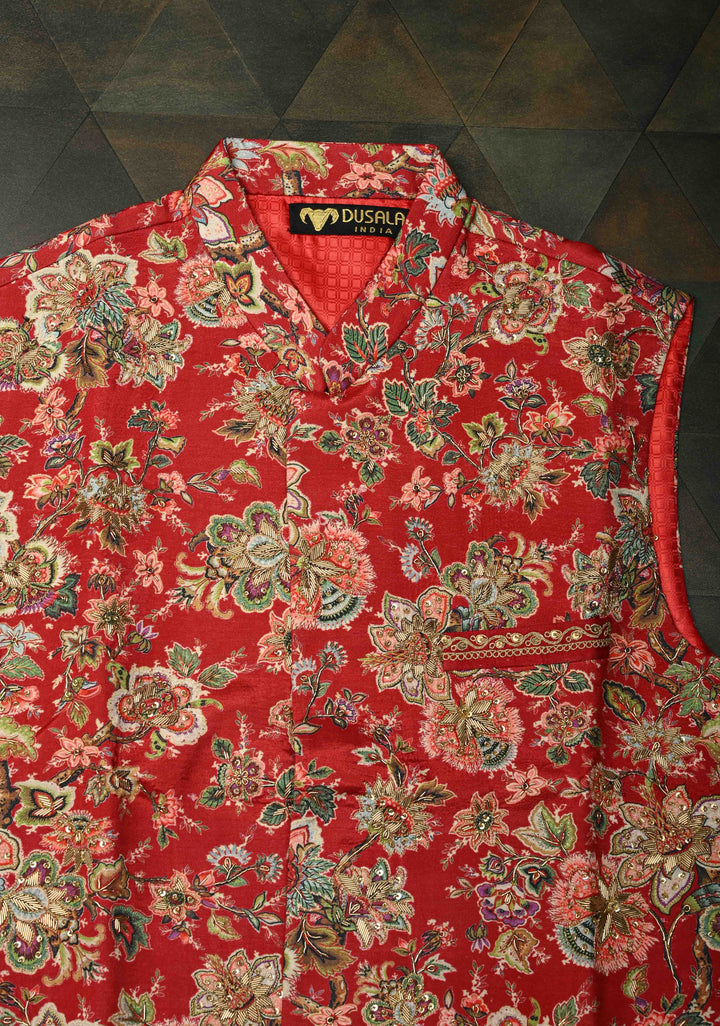 Red Floral Digital Print on Bandhgala Silk Full Waistcoat for Men with Zardozi and Sequins Embroidery  | Made To Order