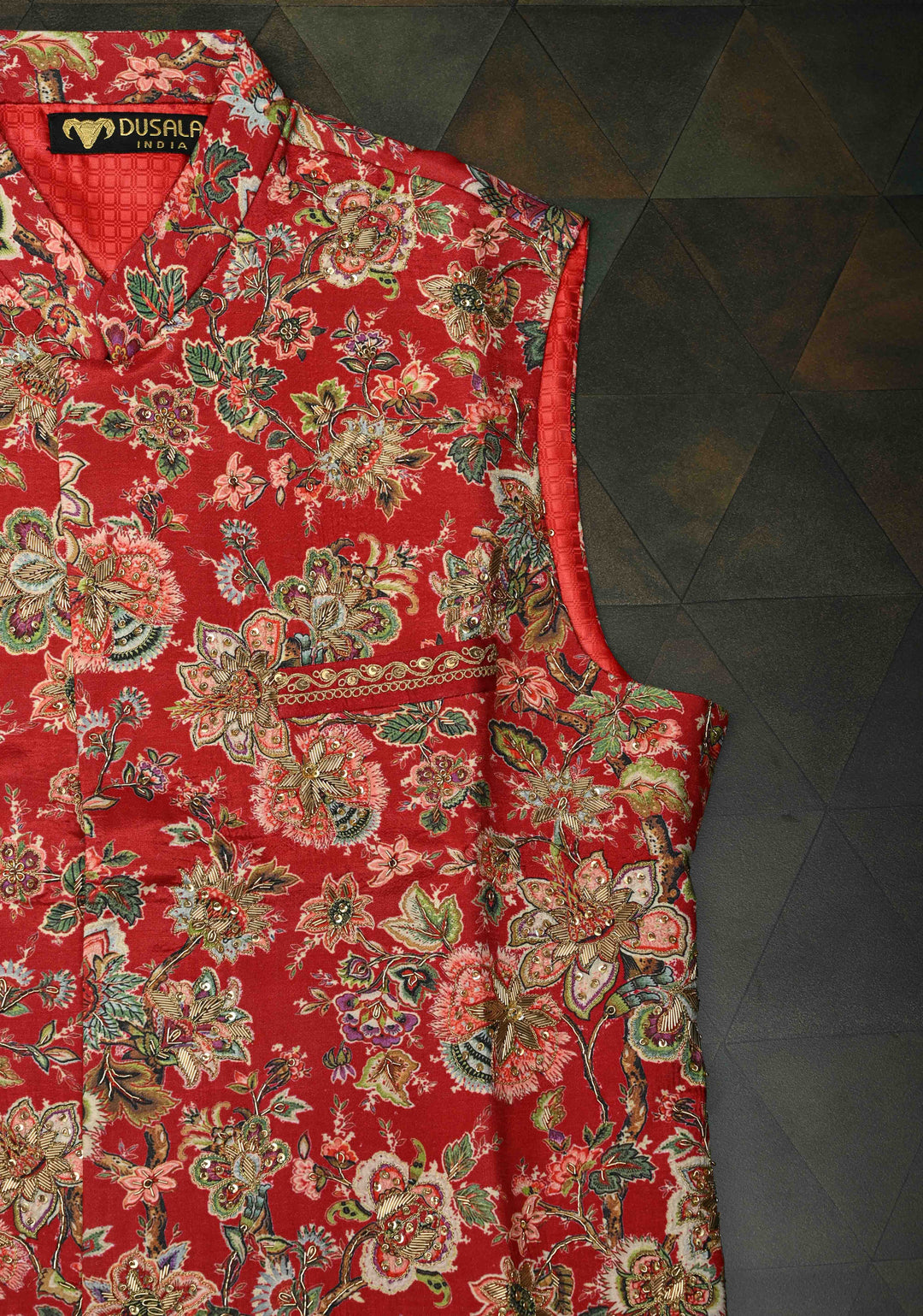 Red Floral Digital Print on Bandhgala Silk Full Waistcoat for Men with Zardozi and Sequins Embroidery  | Made To Order