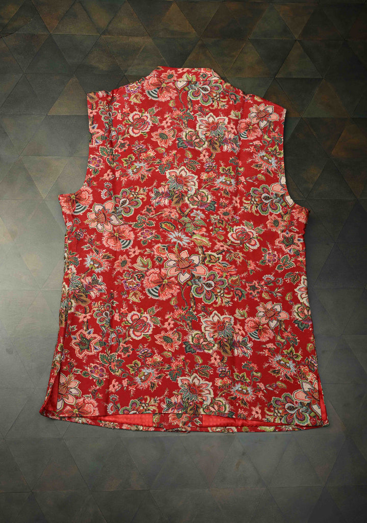 Red Floral Digital Print on Bandhgala Silk Full Waistcoat for Men with Zardozi and Sequins Embroidery  | Made To Order