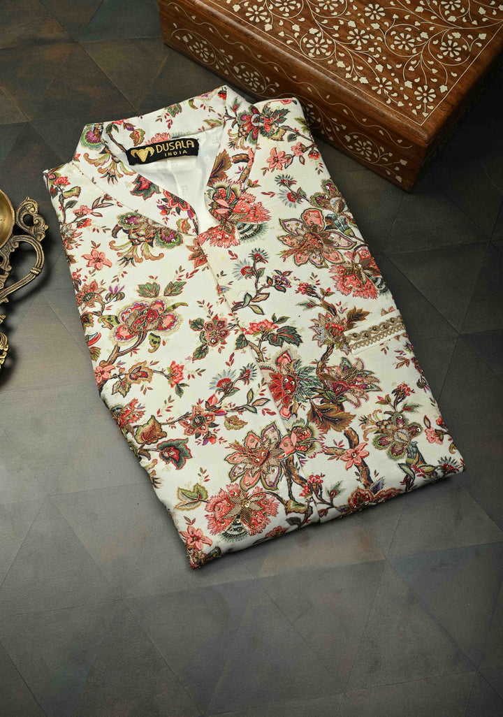 White Floral Digital Print on Bandhgala Silk Full Jacket for Men with Zardozi and Sequins Embroidery  | Made To Order