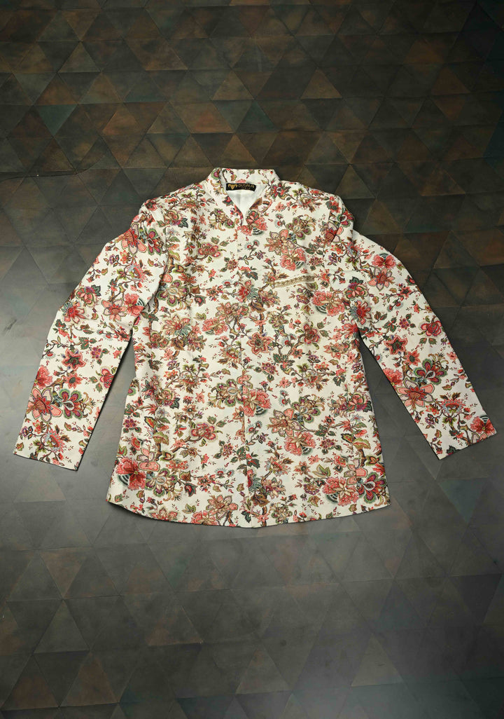 White Floral Digital Print on Bandhgala Silk Full Jacket for Men with Zardozi and Sequins Embroidery  | Made To Order