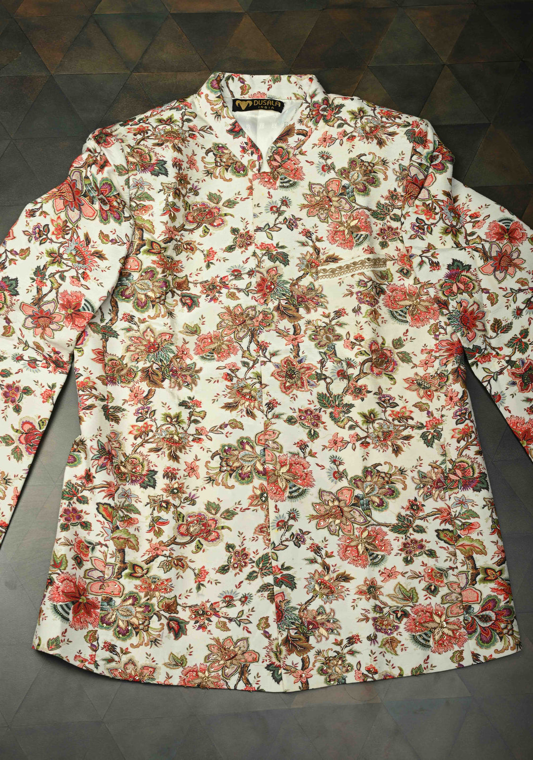 White Floral Digital Print on Bandhgala Silk Full Jacket for Men with Zardozi and Sequins Embroidery  | Made To Order
