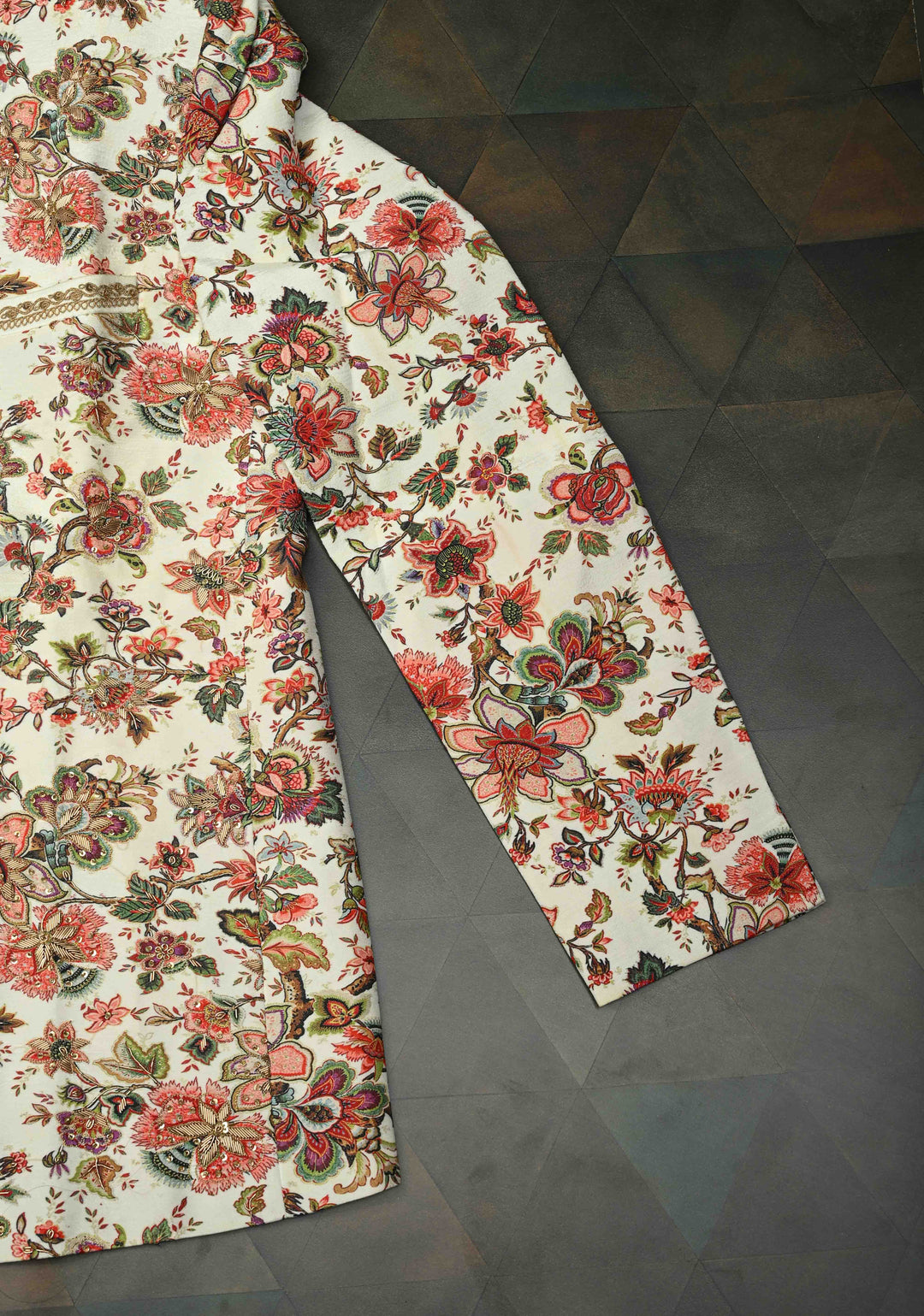 White Floral Digital Print on Bandhgala Silk Full Jacket for Men with Zardozi and Sequins Embroidery  | Made To Order