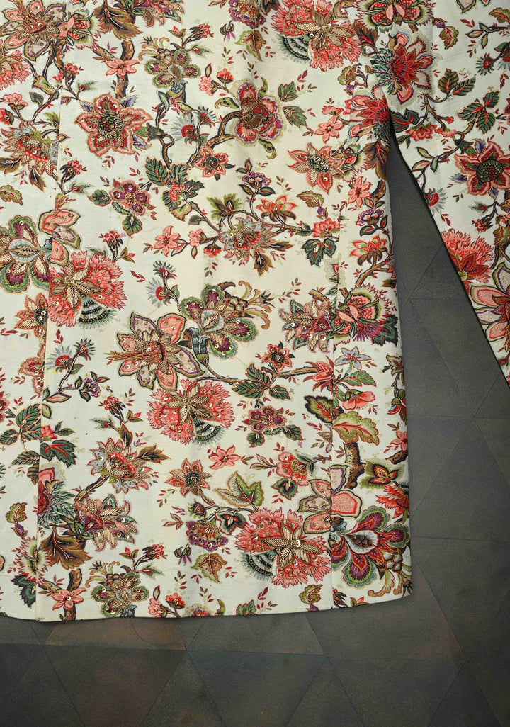 White Floral Digital Print on Bandhgala Silk Full Jacket for Men with Zardozi and Sequins Embroidery  | Made To Order