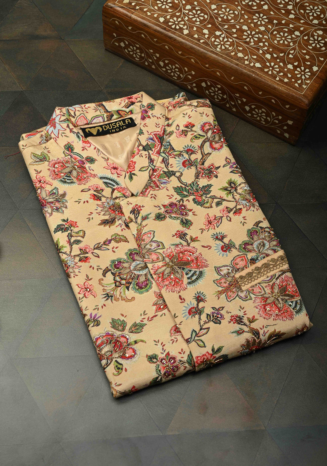 Peach Floral Digital Print on Bandhgala Silk Full Waistcoat for Men with Zardozi and Sequins Embroidery  | Made To Order