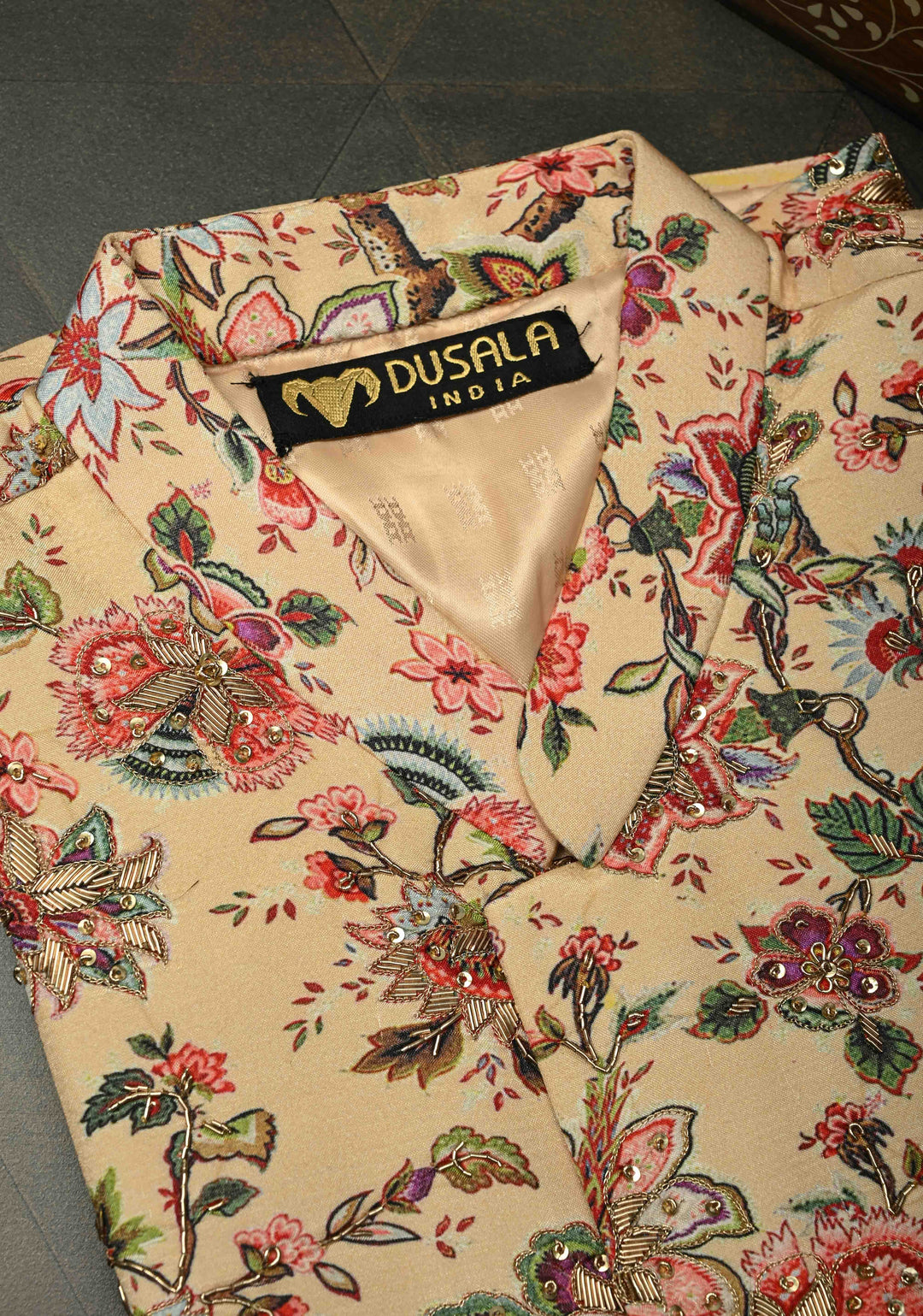 Peach Floral Digital Print on Bandhgala Silk Full Waistcoat for Men with Zardozi and Sequins Embroidery  | Made To Order