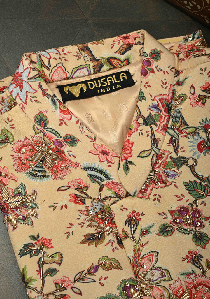 Peach Floral Digital Print on Bandhgala Silk Full Waistcoat for Men with Zardozi and Sequins Embroidery  | Made To Order