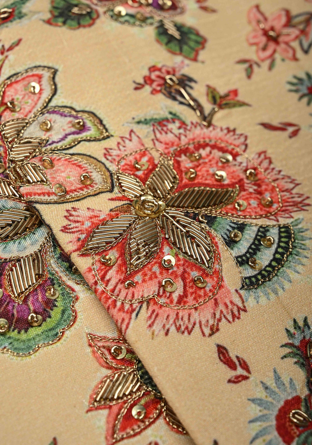 Peach Floral Digital Print on Bandhgala Silk Full Waistcoat for Men with Zardozi and Sequins Embroidery  | Made To Order