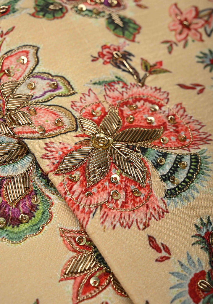 Peach Floral Digital Print on Bandhgala Silk Full Waistcoat for Men with Zardozi and Sequins Embroidery  | Made To Order