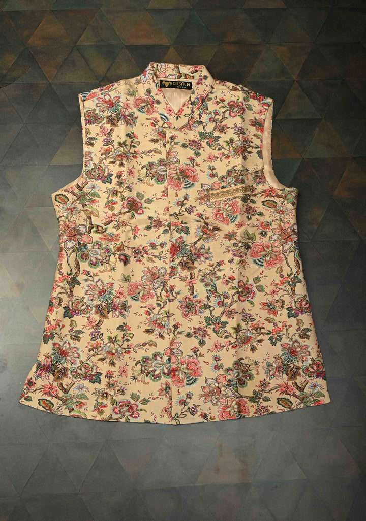 Peach Floral Digital Print on Bandhgala Silk Full Waistcoat for Men with Zardozi and Sequins Embroidery  | Made To Order