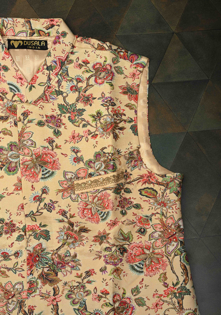 Peach Floral Digital Print on Bandhgala Silk Full Waistcoat for Men with Zardozi and Sequins Embroidery  | Made To Order