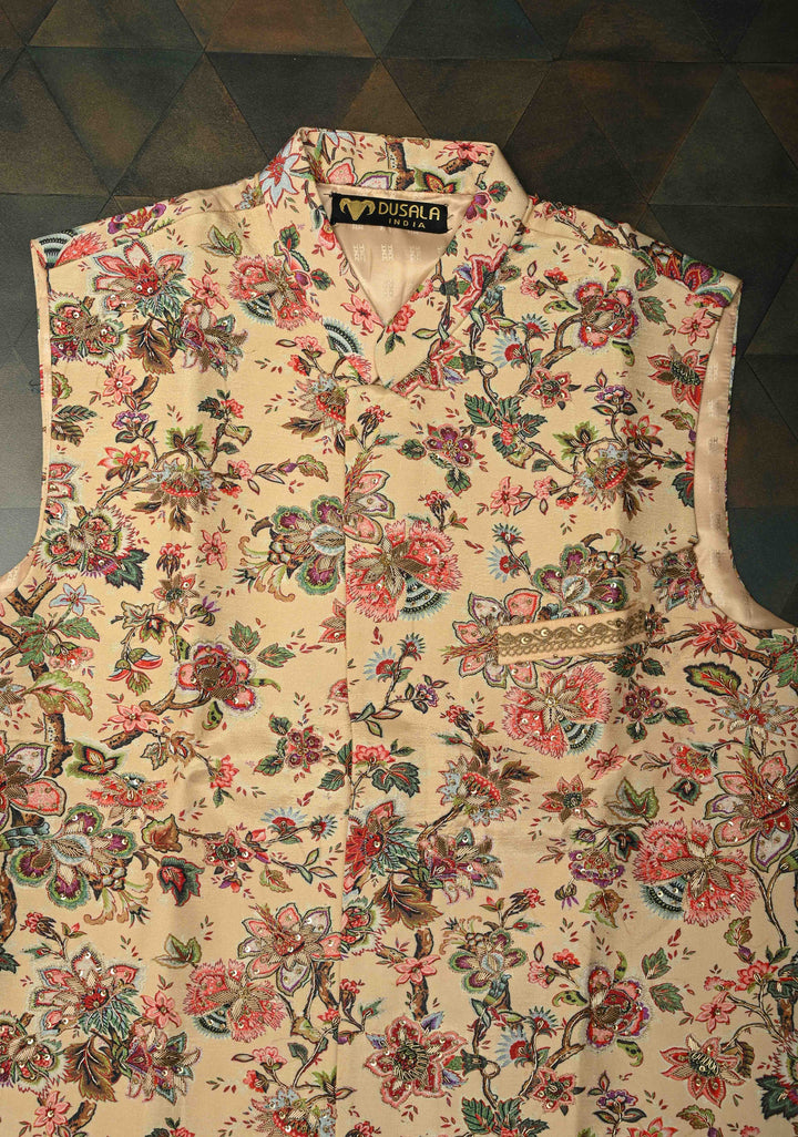 Peach Floral Digital Print on Bandhgala Silk Full Waistcoat for Men with Zardozi and Sequins Embroidery  | Made To Order