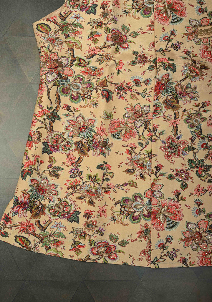 Peach Floral Digital Print on Bandhgala Silk Full Waistcoat for Men with Zardozi and Sequins Embroidery  | Made To Order