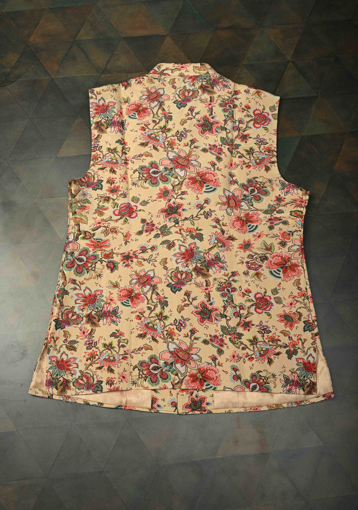 Peach Floral Digital Print on Bandhgala Silk Full Waistcoat for Men with Zardozi and Sequins Embroidery  | Made To Order
