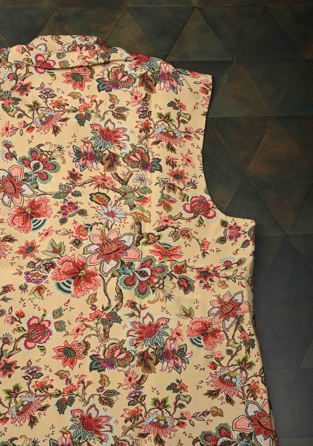 Peach Floral Digital Print on Bandhgala Silk Full Waistcoat for Men with Thread and Sequins Hand Embroidery  | Made To Order