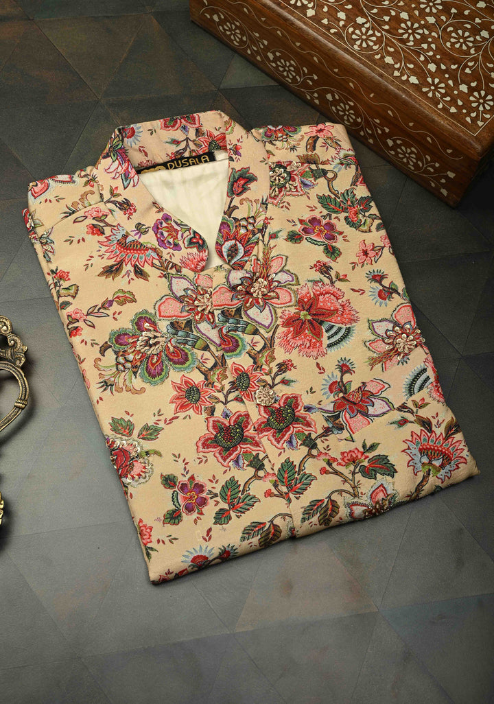 Peach Floral Digital Print on Bandhgala Silk Full Waistcoat for Men with Thread and Sequins Hand Embroidery  | Made To Order