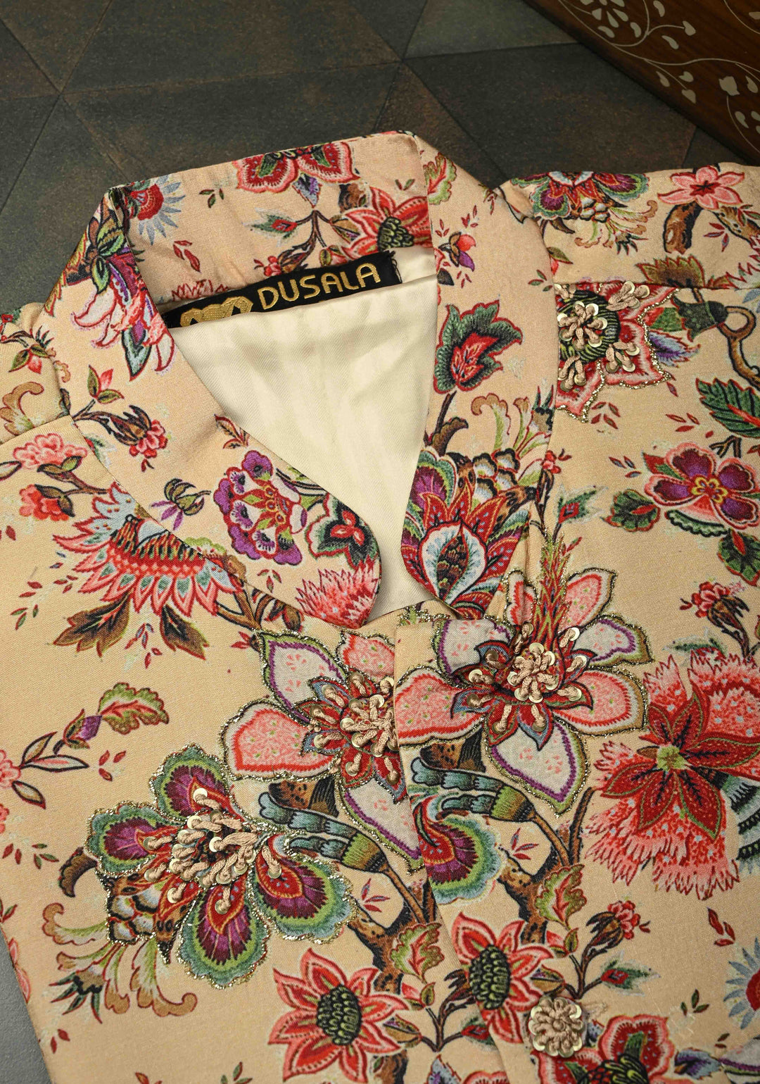 Peach Floral Digital Print on Bandhgala Silk Full Waistcoat for Men with Thread and Sequins Hand Embroidery  | Made To Order