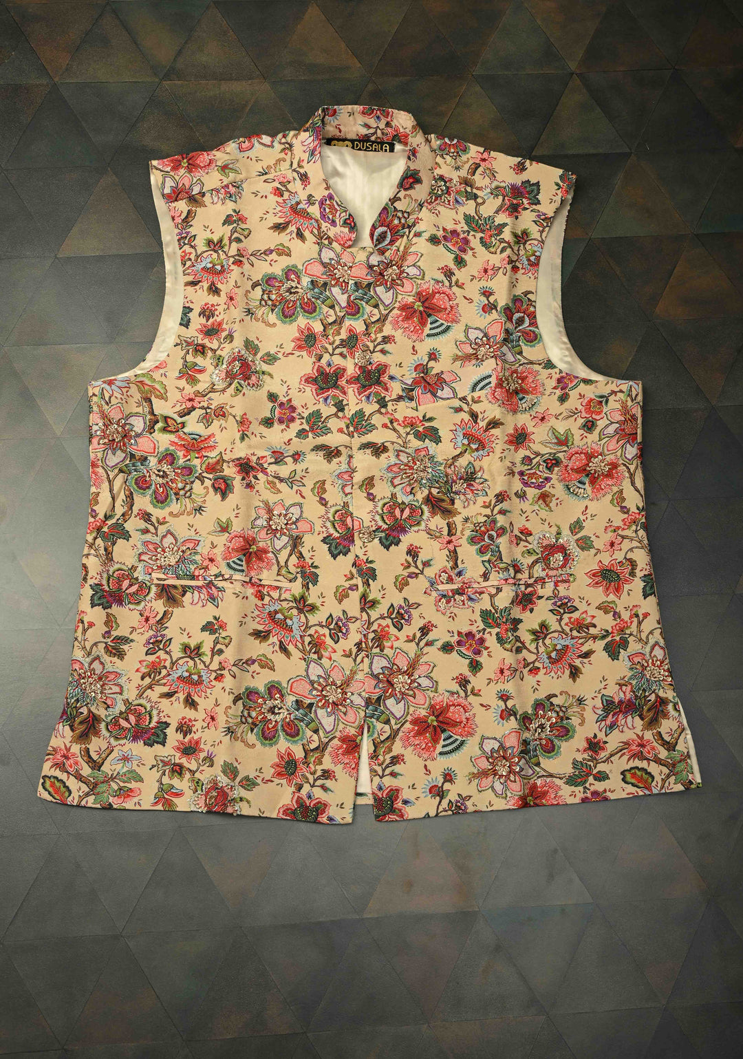 Peach Floral Digital Print on Bandhgala Silk Full Waistcoat for Men with Thread and Sequins Hand Embroidery  | Made To Order