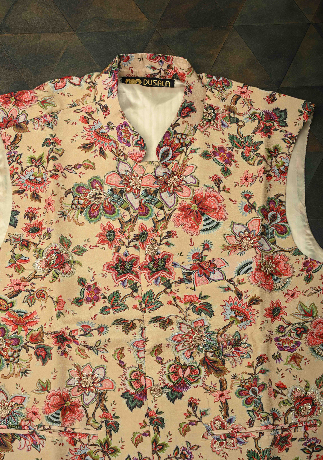 Peach Floral Digital Print on Bandhgala Silk Full Waistcoat for Men with Thread and Sequins Hand Embroidery  | Made To Order