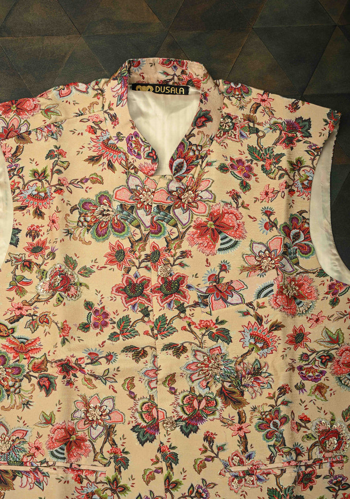 Peach Floral Digital Print on Bandhgala Silk Full Waistcoat for Men with Thread and Sequins Hand Embroidery  | Made To Order