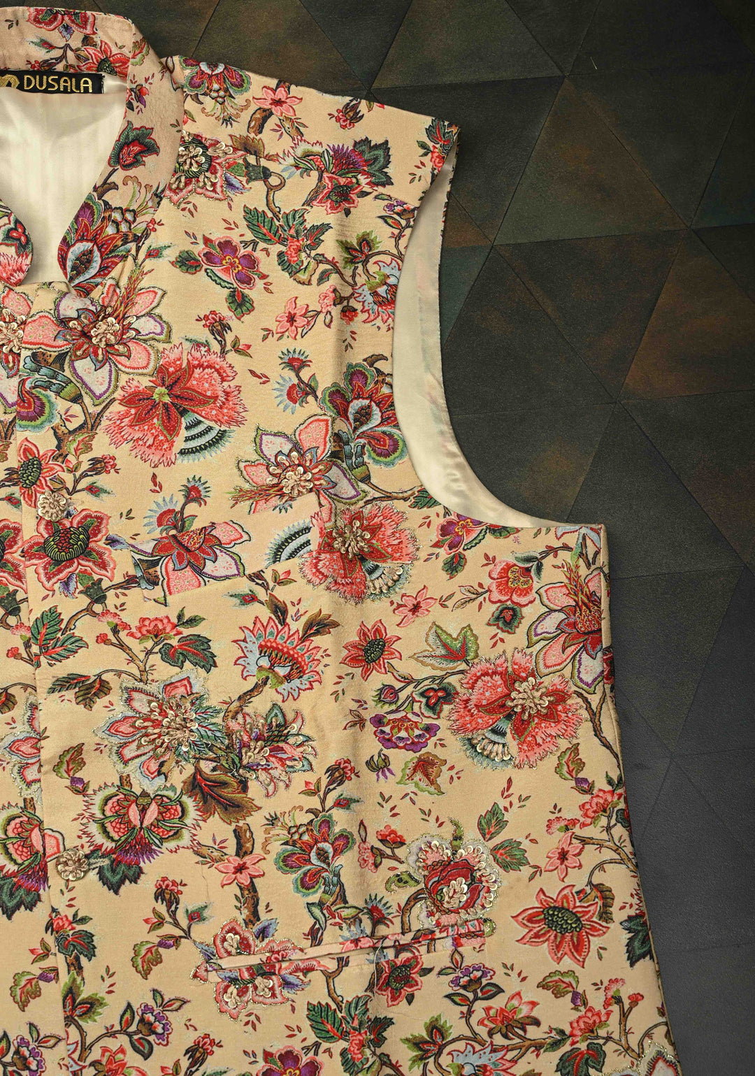 Peach Floral Digital Print on Bandhgala Silk Full Waistcoat for Men with Thread and Sequins Hand Embroidery  | Made To Order