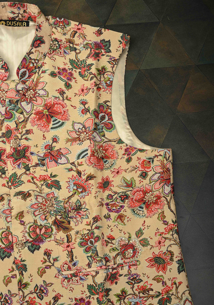 Peach Floral Digital Print on Bandhgala Silk Full Waistcoat for Men with Thread and Sequins Hand Embroidery  | Made To Order