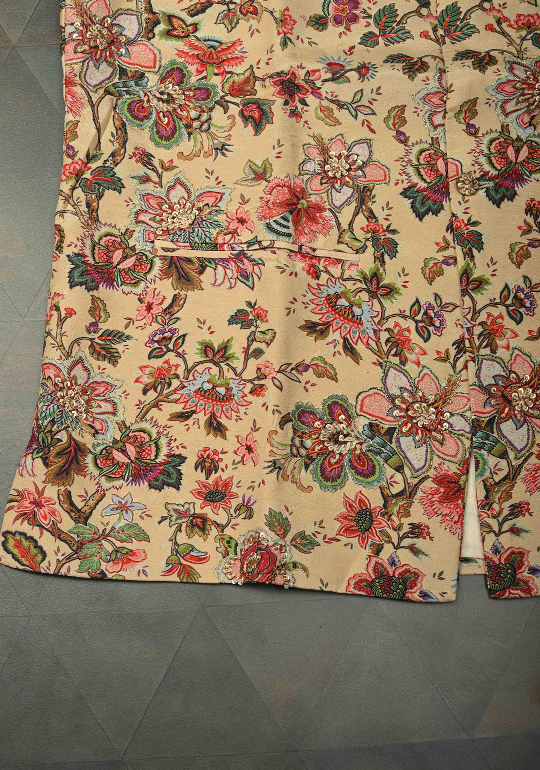 Peach Floral Digital Print on Bandhgala Silk Full Waistcoat for Men with Thread and Sequins Hand Embroidery  | Made To Order