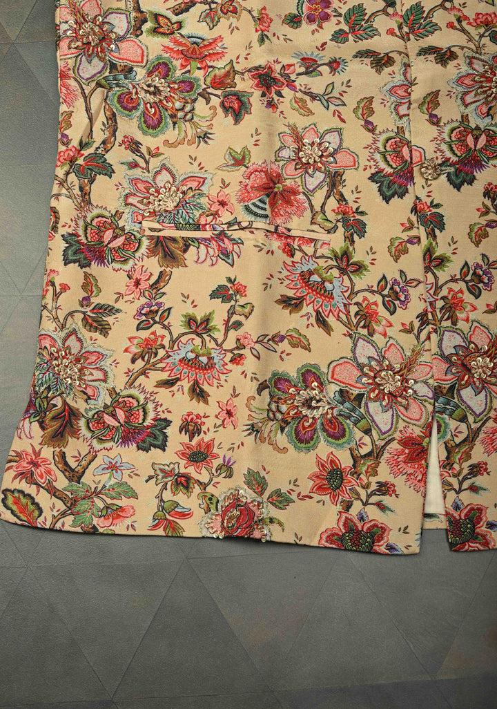 Peach Floral Digital Print on Bandhgala Silk Full Waistcoat for Men with Thread and Sequins Hand Embroidery  | Made To Order