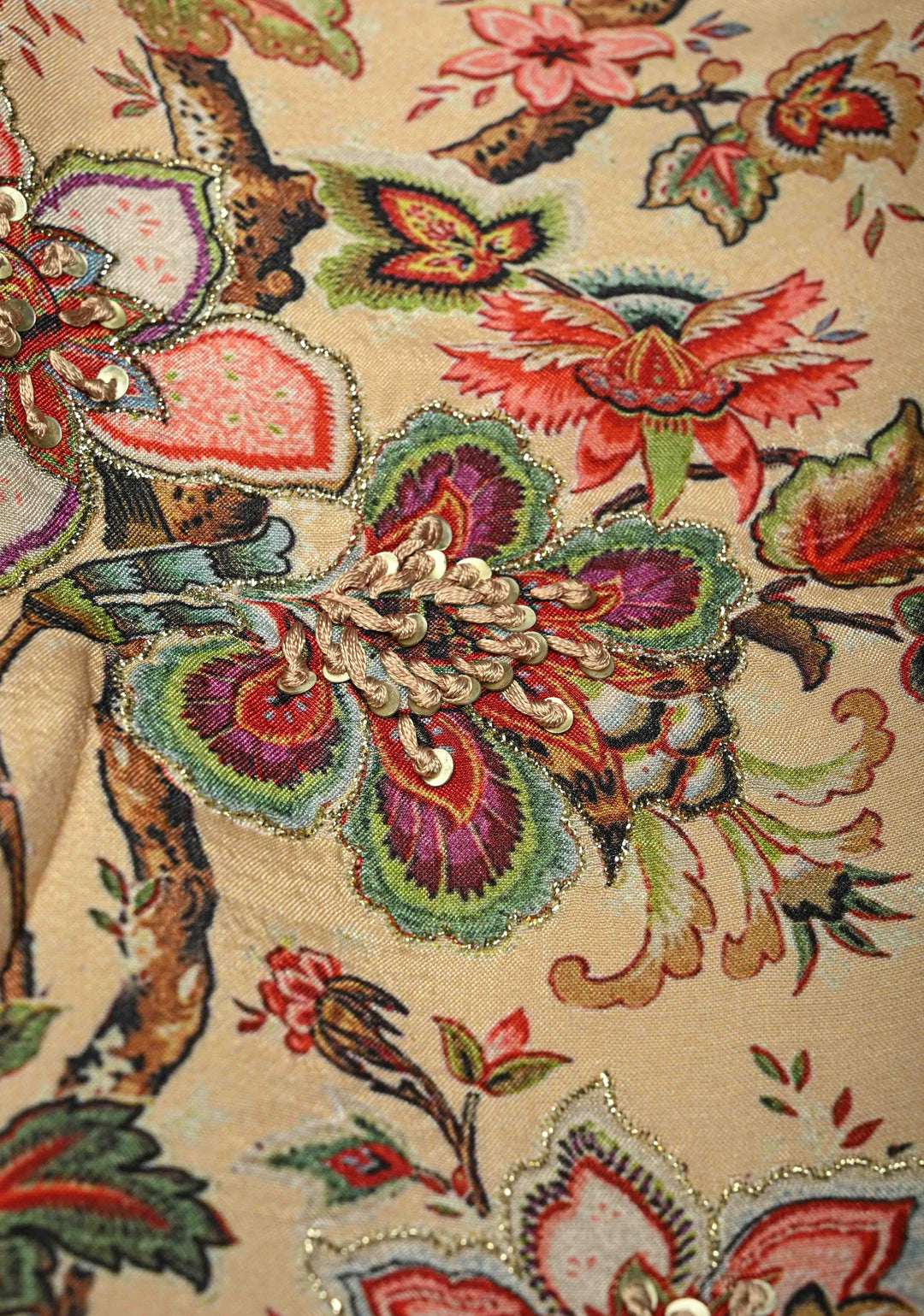 Peach Floral Digital Print on Bandhgala Silk Full Waistcoat for Men with Thread and Sequins Hand Embroidery  | Made To Order