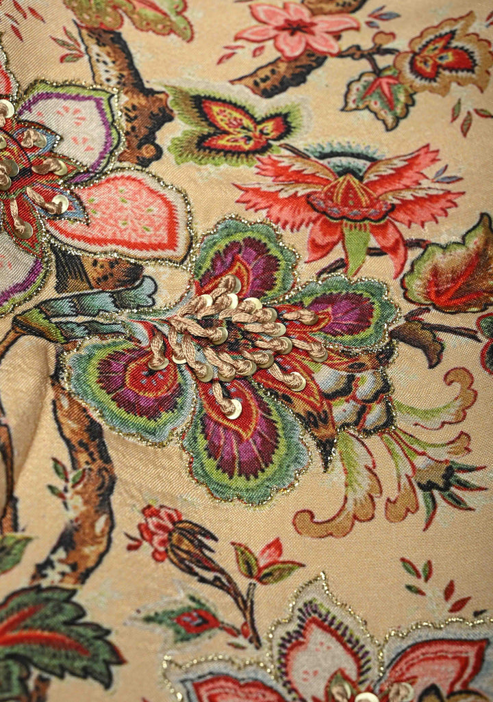 Peach Floral Digital Print on Bandhgala Silk Full Waistcoat for Men with Thread and Sequins Hand Embroidery  | Made To Order