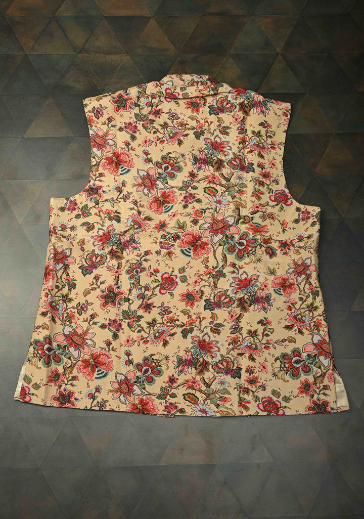 Peach Floral Digital Print on Bandhgala Silk Full Waistcoat for Men with Thread and Sequins Hand Embroidery  | Made To Order
