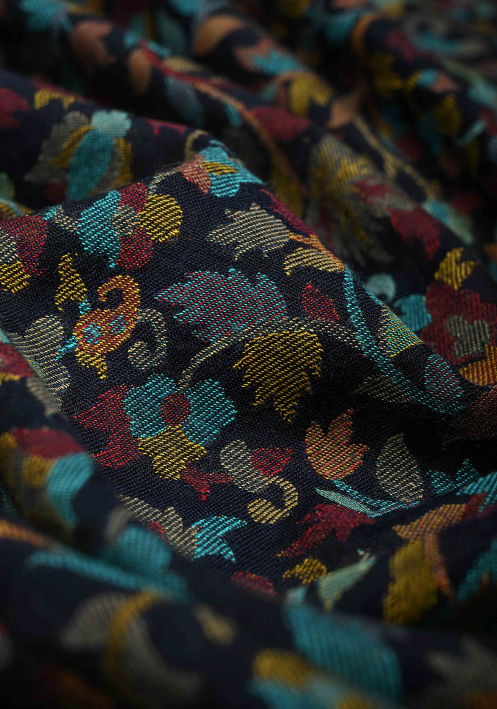 Blue Meenakari Floral Brocade Jaal Cashmere Fine Wool Full Shawl for Men & Women