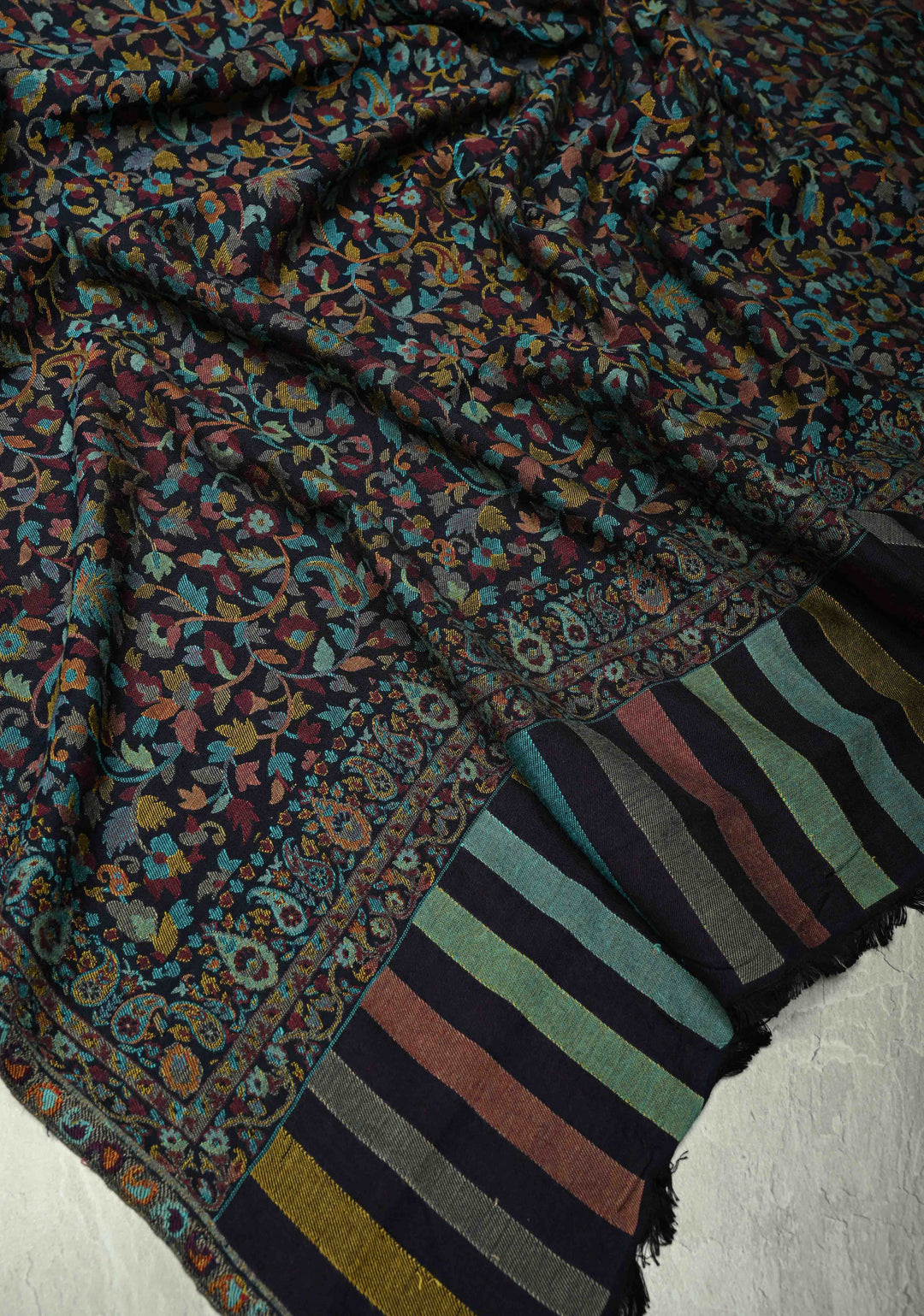 Blue Meenakari Floral Brocade Jaal Cashmere Fine Wool Full Shawl for Men & Women