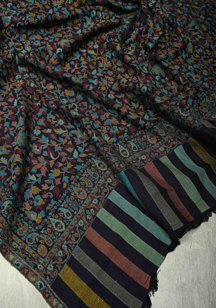 Blue Meenakari Floral Brocade Jaal Cashmere Fine Wool Full Shawl for Men & Women