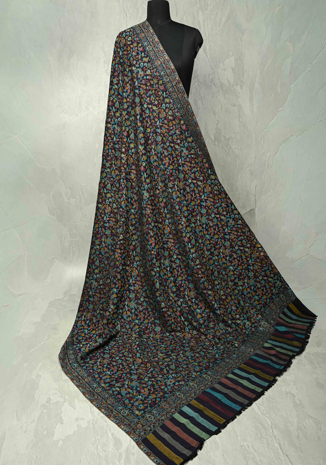 Blue Meenakari Floral Brocade Jaal Cashmere Fine Wool Full Shawl for Men & Women
