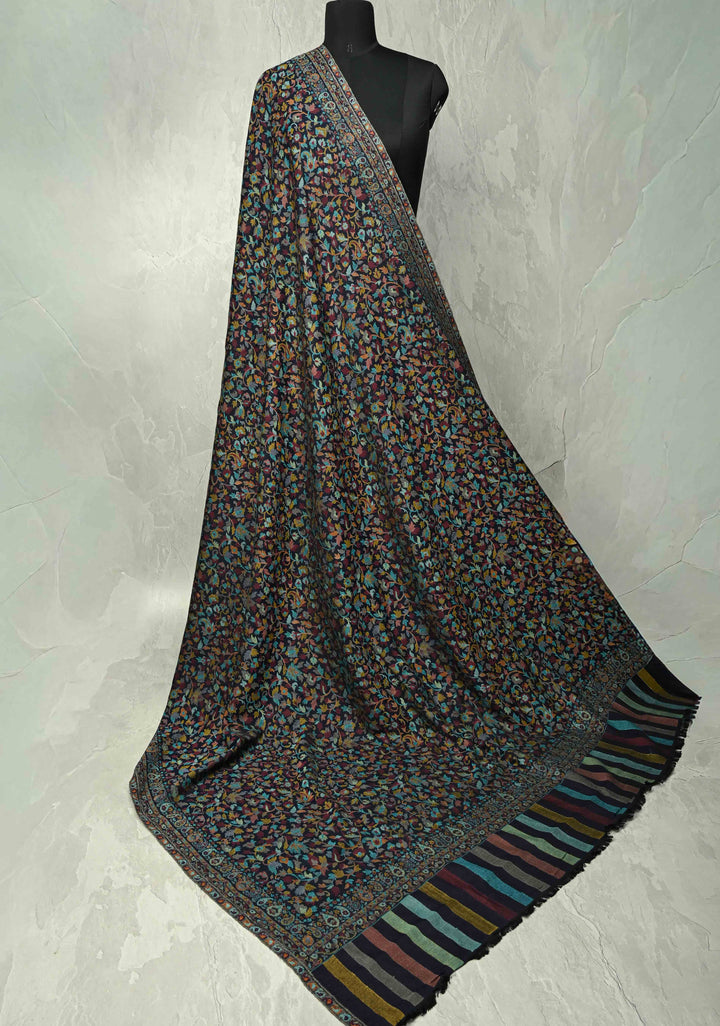 Blue Meenakari Floral Brocade Jaal Cashmere Fine Wool Full Shawl for Men & Women